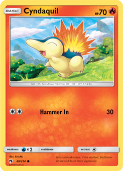 Common Pokémon card Cyndaquil 40/214 from Lost Thunder expansion