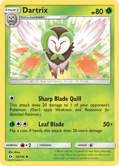 Uncommon Pokémon card Dartrix 10/149 from Sun & Moon expansion