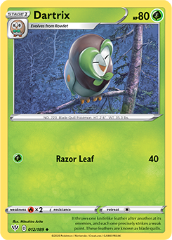 Uncommon Pokémon card Dartrix 12/189 from Darkness Ablaze expansion