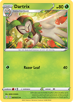 Uncommon Pokémon card Dartrix 007/072 from Shining Fates expansion