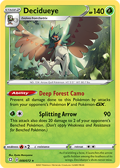 Rare Holo Pokémon card Decidueye 008/072 from Shining Fates expansion