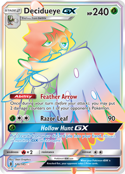 Secret Rainbow GX Pokémon card Decidueye GX 146/145 from Guardians Rising expansion