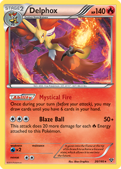Rare holo Pokémon card Delphox 26/146 from X&Y expansion