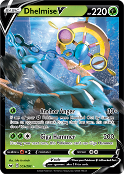Ultra rare V Pokémon card Dhelmise V 9/202 from Sword & Shield expansion