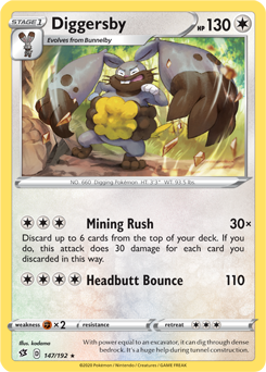 Rare Pokémon card Diggersby 147/192 from Rebel Clash expansion