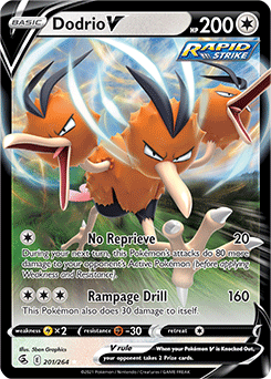 Ultra rare V Pokémon card Dodrio V 201/264 from Fusion Strike expansion