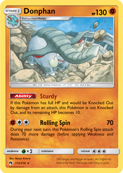Rare Pokémon card Donphan 112/214 from Lost Thunder expansion