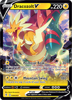 Ultra rare V Pokémon card Dracozolt V 58/203 from Evolving Skies expansion