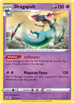 Rare Holo Pokémon card Dragapult 91/192 from Rebel Clash expansion