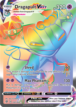 Secret Rainbow VMAX Pokémon card Dragapult VMAX 197/192 from Rebel Clash expansion