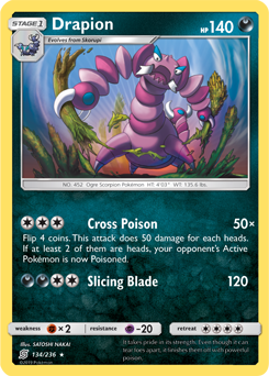 Rare Pokémon card Drapion 134/236 from Unified Minds expansion