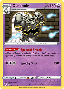 Rare Holo Pokémon card Dusknoir 071/185 from Vivid Voltage expansion
