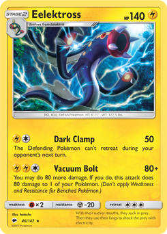 Rare Pokémon card Eelektross 46/147 from Burning Shadows expansion