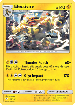 Rare Pokémon card Electivire 43/147 from Burning Shadows expansion