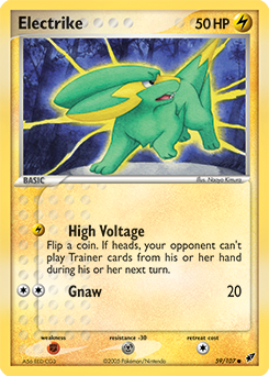 Common Pokémon card Electrike 59/107 from Ex Deoxys expansion