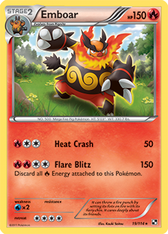 Rare holo Pokémon card Emboar 19/114 from Black & White expansion