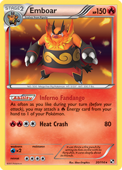Rare holo Pokémon card Emboar 20/114 from Black & White expansion