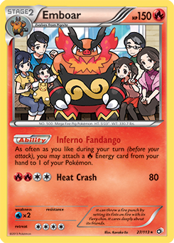 Rare holo Pokémon card Emboar 27/113 from Legendary Treasures expansion