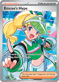 Ultra rare Pokémon card Emcee's Hype 220/182 from Destined Rivals expansion