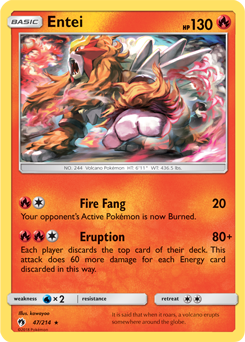 Rare Pokémon card Entei 47/214 from Lost Thunder expansion