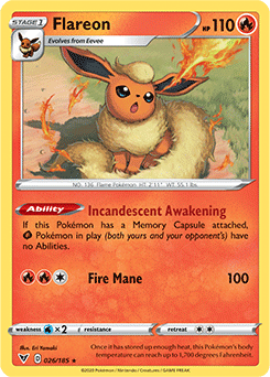 Rare Pokémon card Flareon 026/185 from Vivid Voltage expansion