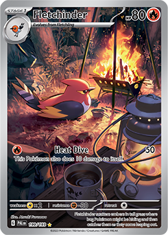 Illustration rare Pokémon card Fletchinder 199/193 from Paldea Evolved expansion