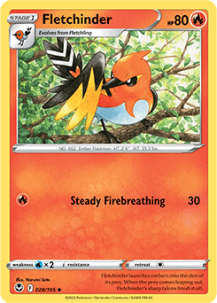 Uncommon Pokémon card Fletchinder 028/195 from Silver Tempest expansion