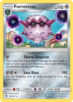 Rare Pokémon card Forretress 124/214 from Lost Thunder expansion