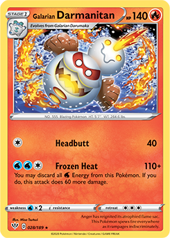 Rare Pokémon card Galarian Darmanitan 28/189 from Darkness Ablaze expansion