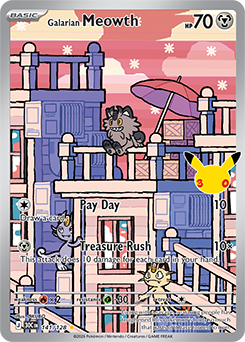 Illustration rare Pokémon card Galarian Meowth 141/128 from 30th Celebration expansion