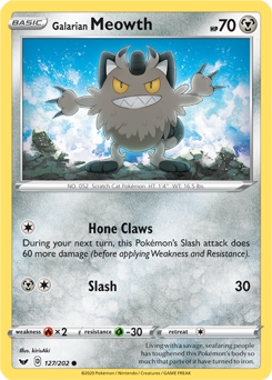 Common Pokémon card Galarian Meowth 127/202 from Sword & Shield expansion