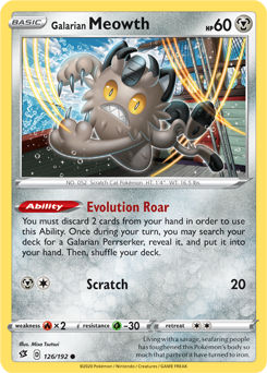 Common Pokémon card Galarian Meowth 126/192 from Rebel Clash expansion