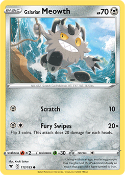 Common Pokémon card Galarian Meowth 112/185 from Vivid Voltage expansion