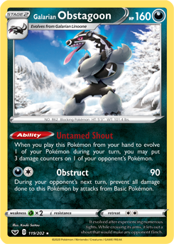 Rare Holo Pokémon card Galarian Obstagoon 119/202 from Sword & Shield expansion