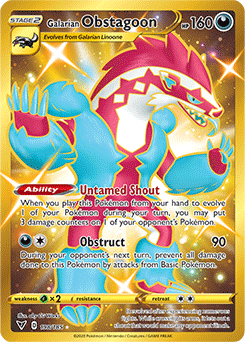 Secret Gold Pokémon card Galarian Obstagoon 198/185 from Vivid Voltage expansion
