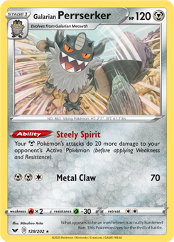 Rare Holo Pokémon card Galarian Perrserker 128/202 from Sword & Shield expansion