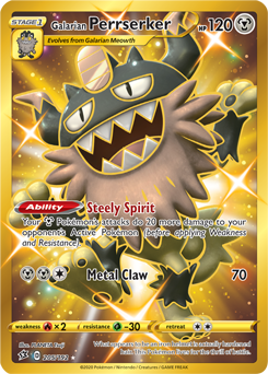 Secret Gold Pokémon card Galarian Perrserker 205/192 from Rebel Clash expansion