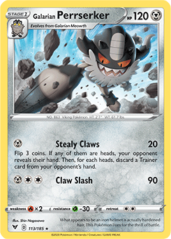 Rare Pokémon card Galarian Perrserker 113/185 from Vivid Voltage expansion