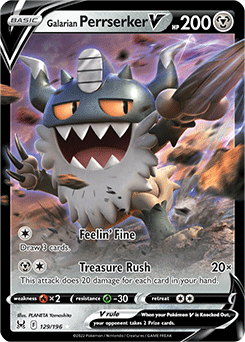 Ultra rare V Pokémon card Galarian Perrserker V 129/196 from Lost Origin expansion