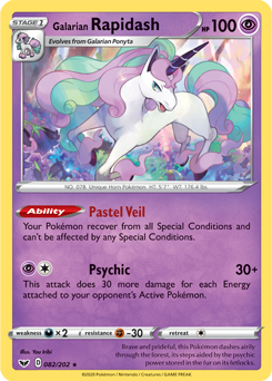 Rare Pokémon card Galarian Rapidash 82/202 from Sword & Shield expansion