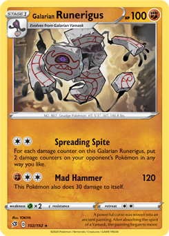 Rare Pokémon card Galarian Runerigus 102/192 from Rebel Clash expansion