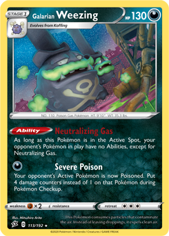 Rare Holo Pokémon card Galarian Weezing 113/192 from Rebel Clash expansion