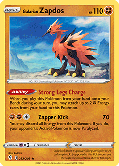 Rare Holo Pokémon card Galarian Zapdos 82/203 from Evolving Skies expansion