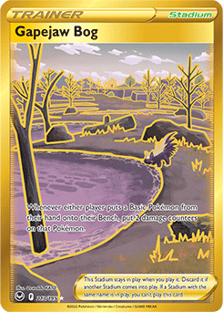 Gold Item Pokémon card Gapejaw Bog 213/195 from Silver Tempest expansion