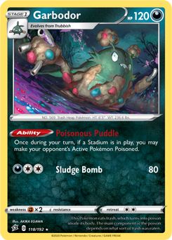Rare Pokémon card Garbodor 118/192 from Rebel Clash expansion