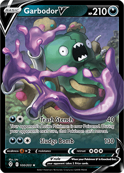 Ultra rare V Pokémon card Garbodor V 100/203 from Evolving Skies expansion