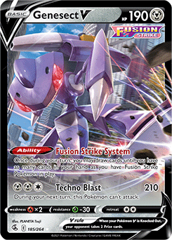 Ultra rare V Pokémon card Genesect V 185/264 from Fusion Strike expansion
