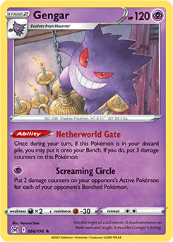 Rare Holo Pokémon card Gengar 066/196 from Lost Origin expansion