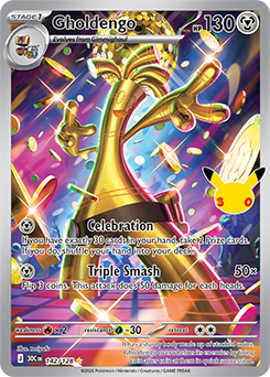 Illustration rare Pokémon card Gholdengo 142/128 from 30th Celebration expansion