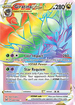 Rainbow VSTAR Pokémon card Giratina VSTAR 201/196 from Lost Origin expansion